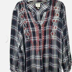 Knox Rose Boho Blue Embroidered Blouse Size XXL